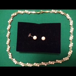 Gold toned woven pearlesque necklace earring set